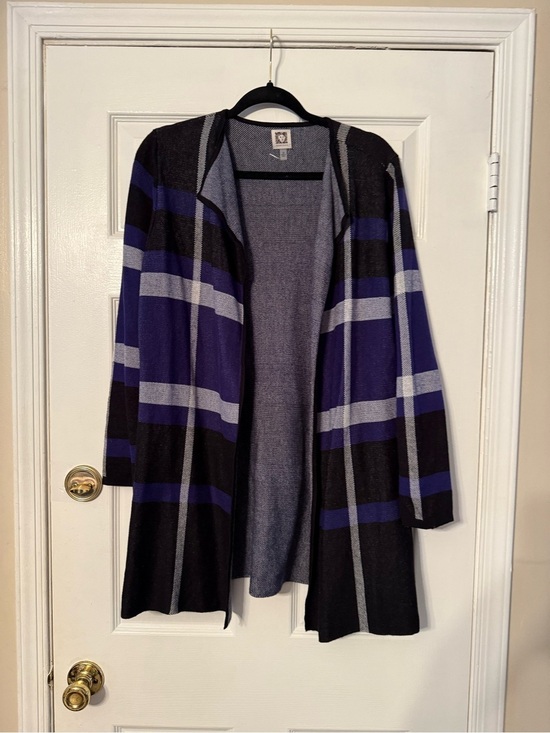 Anne Klein Sweaters - Anne Klein Open-Front Plaid Long Cardigan in Black and Purple